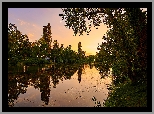 Zachód słońca, Staw, Park, Floridsdorfer Wasserpark, Drzewa, Wiedeń, Austria