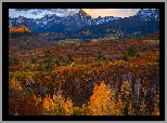 Góry, San Juan Mountains, Przełęcz, Dallas Divide, Jesień, Las, Pomarańczowo-brązowe, Drzewa, Chmury, Kolorado, Stany Zjednoczone