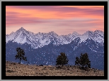 Zachód słońca, Góry, Sangre de Cristo Mountains, Łąka, Drzewa, Trawa, Westcliffe, Kolorado, Stany Zjednoczone