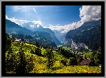 Góry, Alpy, Drzewa, Chmury, Domy, Dolina Lauterbrunnental, Lauterbrunnen, Kanton Bern, Szwajcaria