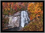 Jesień, Skały, Wodospad, Rainbow Falls, Rzeka, Kolorowe, Drzewa, Gorges State Park, Karolina Północna, Stany Zjednoczone