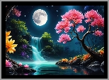 Kwiaty, Drzewa, Księżyc, Wodospad 2D