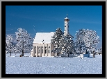 Zima, Góry, Alpy, Drzewa, Kościół, Eglise Saint Coloman, Region Allgau, Bawaria, Niemcy