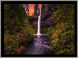 Stany Zjednoczone, Oregon, Park stanowy, Silver Falls State Park, Wodospad, South Falls, Drzewa, Zachód słońca, Skały