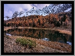 Ośnieżone, Góry, Jesienne, Drzewa, Jezioro, Lac Miroir, Ceillac, Francja