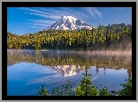 Góra, Stratowulkan, Mount Rainier, Jezioro, Reflection Lakes, Park Narodowy Mount Rainier, Drzewa, Mgła, Stan Waszyngton, Stany Zjednoczone