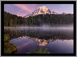 Góra, Stratowulkan Munt Rainier, Park Narodowy Mount Rainier, Drzewa, Las, Mgła, Odbicie, Jezioro, Bench Lake, Stan Waszyngton, Stany Zjednoczone