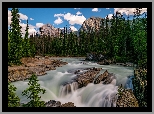 Góry, Drzewa, Świerki, Rzeka, Kicking Horse River, Skały, Park Narodowy Yoho, Chmury, Kolumbia Brytyjska, Kanada