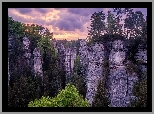 Wschód słońca, Formacje skalne, Hruboskalsko, Skały, Drzewa, Czeski Raj, Góry Stołowe, Czechy