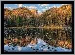 Góry, Jezioro, Nymph Lake, Drzewa, Park Narodowy Gór Skalistych, Odbicie, Kolorado, Stany Zjednoczone