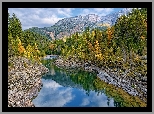 Stany Zjednoczone, Stan Montana, Park Narodowy Glacier, Góry, Rzeka, Flathead River, Las, Drzewa, Jesień, Chmury