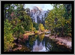 Stany Zjednoczone, Kalifornia, Park Narodowy Yosemite, Góry, Szczyt, Half Dome, Rzeka, Merced River, Drzewa