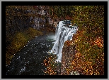 Jesień, Wodospad, Upper Mesa Falls, Las, Drzewa, Skały, Rzeka, Idaho, Stany Zjednoczone