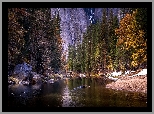 Jesień, Las, Drzewa, Góry, Skały, Brzeg, Rzeka, Merced River, Kamienie, Most, Park Narodowy Yosemite, Kalifornia, Stany Zjednoczone