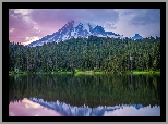 Park Narodowy Mount Rainier, Góry, Jezioro, Drzewa, Chmury, Stan Waszyngton, Stany Zjednoczone