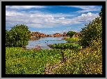 Jezioro, Watson Lake, Chmury, Skały, Drzewa, Łąka, Arizona, Stany Zjednoczone