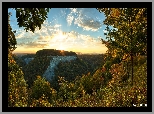 Góry, Drzewa, Promienie słońca, Letchworth State Park, Stan Nowy Jork, Stany Zjednoczone