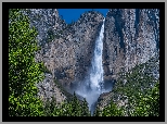 Góry, Drzewa, Wodospad, Upper Yosemite Falls, Park Narodowy Yosemite, Kalifornia, Stany Zjednoczone