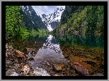 Góry Kaskadowe, Odbicie, Jezioro, Goat Lake, Drzewa, Kamienie, Stan Waszyngton, Stany Zjednoczone