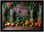 Kompozycja, Owoce, Ananasy, Liście, Kwiaty, Deski