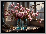 Kwiaty, Magnolia, Słoiki, Stół, Okno