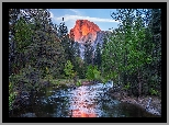 Park Narodowy Yosemite, Rzeka, Merced River, Góry, Góra Half Dome, Drzewa, Kalifornia, Stany Zjednoczone