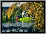 Jesień, Jezioro, Most, Drzewa, Budowla, Panteon, Ogród, Rezydencja Stourhead, Wiltshire, Anglia