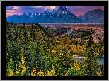 Stany Zjednoczone, Wyoming, Park Narodowy Grand Teton, Góry, Teton Range, Rzeka, Drzewa, Jesień