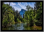 Góry, Szczyt Half Dome, Rzeka, Merced River, Drzewa, Park Narodowy Yosemite, Kalifornia, Stany Zjednoczone