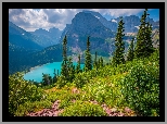 Park Narodowy Glacier, Góry, Jezioro, Grinnell Lake, Drzewa, Zieleń, Chmury, Stany Zjednoczone