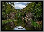 Niemcy, Saksonia, Park Rododendronów Kromlau, Kamienny, Most łukowy, Jezioro Rakotz, Drzewa, Chmury