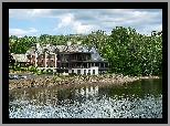 Hotel, Lambertville Station Restaurant, Restauracja, Drzewa, Rzeka, Delaware River, Stan Nowy Jork, Stany Zjednoczone