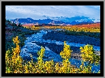 Park Narodowy Denali, Góry, Rzeka, Savage River, Drzewa, Roślinność, Jesień, Niebo, Alaska, Stany Zjednoczone