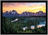 Stany Zjednoczone, Wyoming, Park Narodowy Grand Teton, Góry, Rzeka, Snake River, Zachód słońca, Drzewa