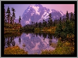 Jesień, Góry, Góra, Mount Shuksan Drzewa, Jezioro, Picture Lake, Odbicie, Stan Waszyngton, Stany Zjednoczone