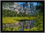 Stany Zjednoczone, Kalifornia, Park Narodowy Yosemite, Skały, Wodospad, Drzewa, Kwiaty, Góry