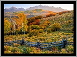 Stany Zjednoczone, Stan Kolorado, Telluride, Jesień, Góry, San Juan Mountains, Kolorowe, Drzewa, Ogrodzenie