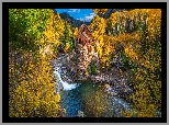 Stany Zjednoczone, Kolorado, Młyn, Crystal Mill, Jesień, Drzewa, Krzewy, Rzeka