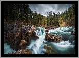 Wodospad Sunwapta Falls, Rzeka, Sunwapta River, Park Narodowy Jasper, Skały, Głazy, Drzewa, Alberta, Kanada