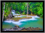 Drzewa, Wodospad, Huai Mae Khamin Waterfall, Kanchanaburi, Tajlandia