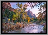 Park Narodowy Zion, Góra Watchman, Drzewa, Góry, Rzeka, Virgin River, Stan Utah, Stany Zjednoczone