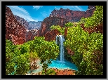 Stany Zjednoczone, Arizona, Park Narodowy Wielkiego Kanionu, Wielki Kanion Kolorado, Skały, Drzewa, Wodospad, Havasu Falls