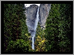 Góry, Drzewa, Skały, Wodospad, Upper Yosemite Falls, Park Narodowy Yosemite, Kalifornia, Stany Zjednoczone