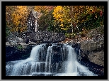 Drzewa, Jesień, Rzeka, Skały, Młyn wodny, Glade Creek Grist Mill, Park Babcock State, Wirginia Zachodnia, Stany Zjednoczone