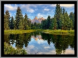 Park Narodowy Grand Teton, Wyoming, Stany Zjednoczone, Góry, Rzeka, Drzewa, Odbie