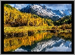 Góry, San Juan Mountains, Góra, Mount Sneffels, Jezioro, Blue Lake, Las, Drzewa, Jesień, Stan Kolorado, Stany Zjednoczone